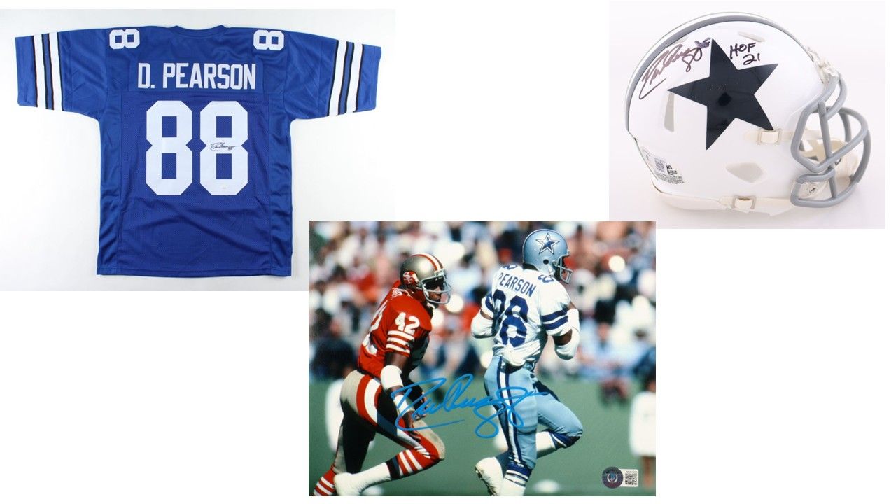 Drew Pearson Signed Dallas Cowboys Jersey (JSA Hologram) & Drew Pearson Signed Dallas Cowboys Speed Mini Helmet Inscribed "HOF '21" (Beckett), & Drew Pearson Signed Cowboys 8x10 Photo (Beckett)