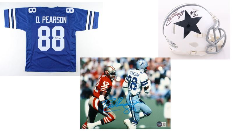 Drew Pearson Signed Dallas Cowboys Jersey (JSA Hologram) & Drew Pearson Signed Dallas Cowboys Speed Mini Helmet Inscribed Drew Pearson Signed Dallas Cowboys Jersey (JSA Hologram) & Drew Pearson Signed Dallas Cowboys Speed Mini Helmet Inscribed "HOF '21" (Beckett), & Drew Pearson Signed Cowboys 8x10 Photo (Beckett)