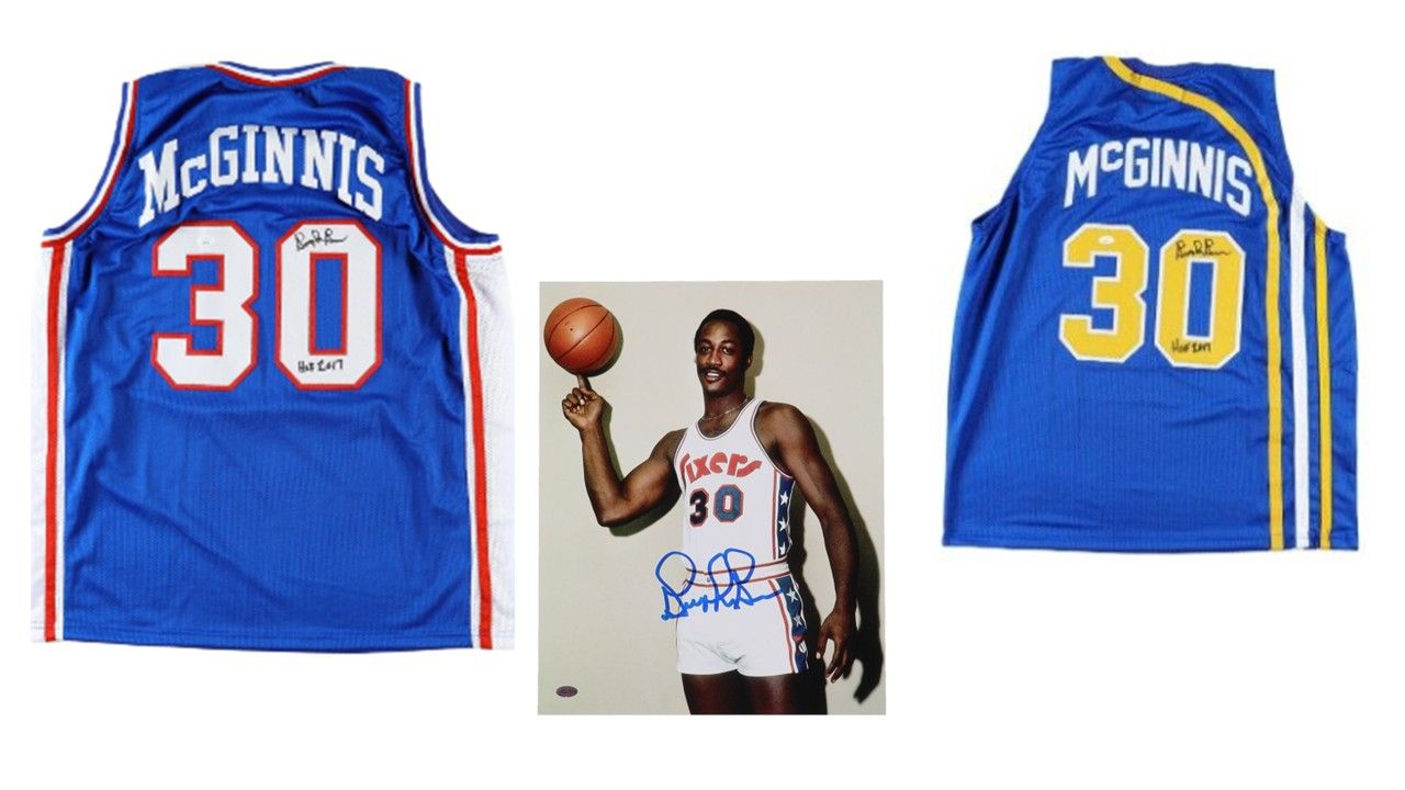 George McGinnis Signed Pacers Jersey Inscribed "HOF 2017" (JSA),  George McGinnis Signed 76ers Jersey Inscribed "HOF 2017" (JSA), & George McGinnis Signed 76ers 8x10 Photo (MCSE)