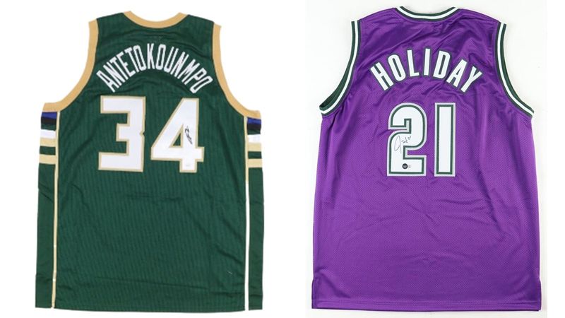 Giannis Antetokounmpo Signed Milwaukee Bucks Jersey (JSA) and Jrue Holiday Signed Milwaukee Bucks Jersey (Beckett)