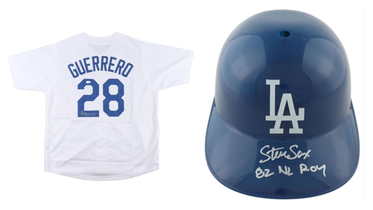 Pedro Guerrero Signed Los Angeles Dodgers Jersey (JSA) & Steve Sax Signed Los Angeles Dodgers Full-Size Batting Helmet Inscribed "82 NL ROY" (Schwartz)