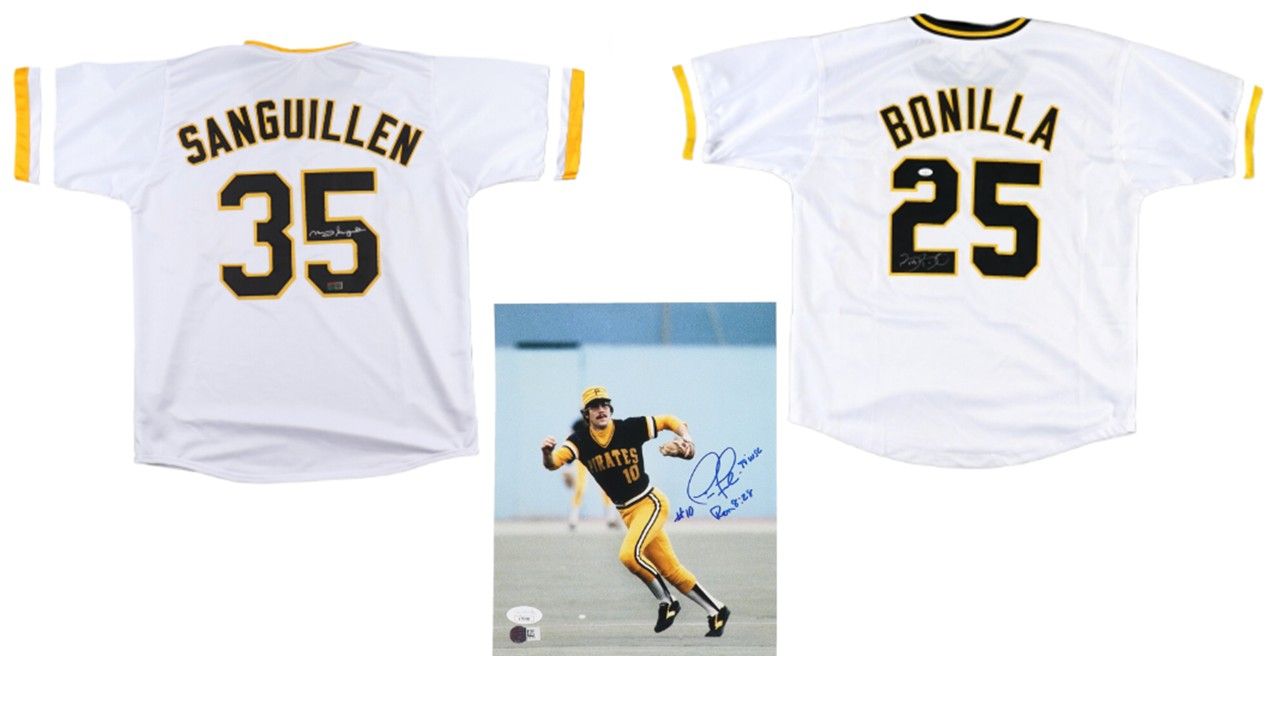 Bobby Bonilla Signed Pittsburgh Pirates Jersey (JSA), Manny Sanguillen Signed Pittsburgh Pirates Jersey (TSE), & Tim Foli Signed Pittsburgh Pirates 8x10 Photo Inscribed "79 WSC" (JSA)