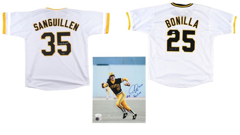 Bobby Bonilla Signed Pittsburgh Pirates Jersey (JSA), Manny Sanguillen Signed Pittsburgh Pirates Jersey (TSE), & Tim Foli Signed Pittsburgh Pirates 8x10 Photo Inscribed Bobby Bonilla Signed Pittsburgh Pirates Jersey (JSA), Manny Sanguillen Signed Pittsburgh Pirates Jersey (TSE), & Tim Foli Signed Pittsburgh Pirates 8x10 Photo Inscribed "79 WSC" (JSA)