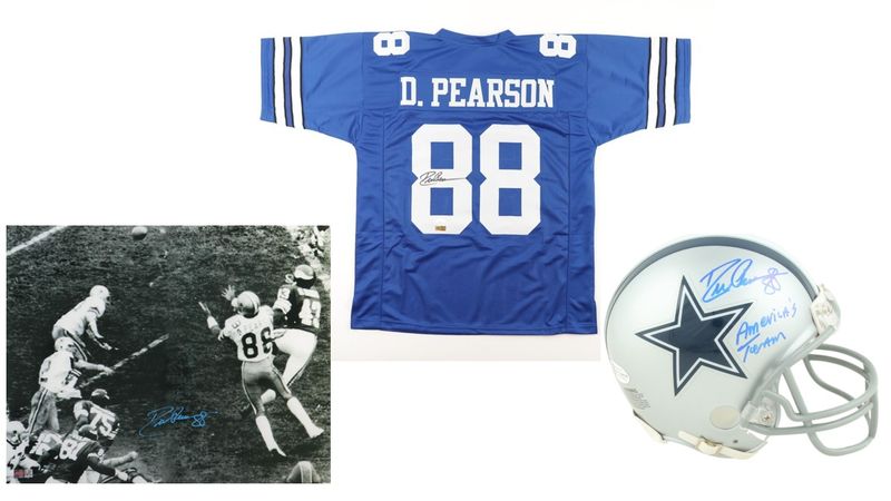Drew Pearson Signed Dallas Cowboys Jersey (JSA & Players Ink), Drew Pearson Signed Dallas Cowboys Mini Helmet Inscribed America's Team (Beckett COA), & Drew Pearson Signed Cowboys 16x20 Photo (PIA) Drew Pearson Signed Dallas Cowboys Jersey (JSA & Players Ink), Drew Pearson Signed Dallas Cowboys Mini Helmet Inscribed America's Team (Beckett COA), & Drew Pearson Signed Cowboys 16x20 Photo (PIA)