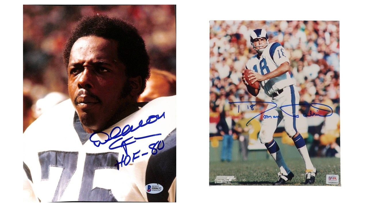 Deacon Jones Signed Los Angeles Rams 8x10 Photo Inscribed "HOF-80" (Beckett) & Roman Gabriel Signed Los Angeles Rams 8x10 Photo (PSA)