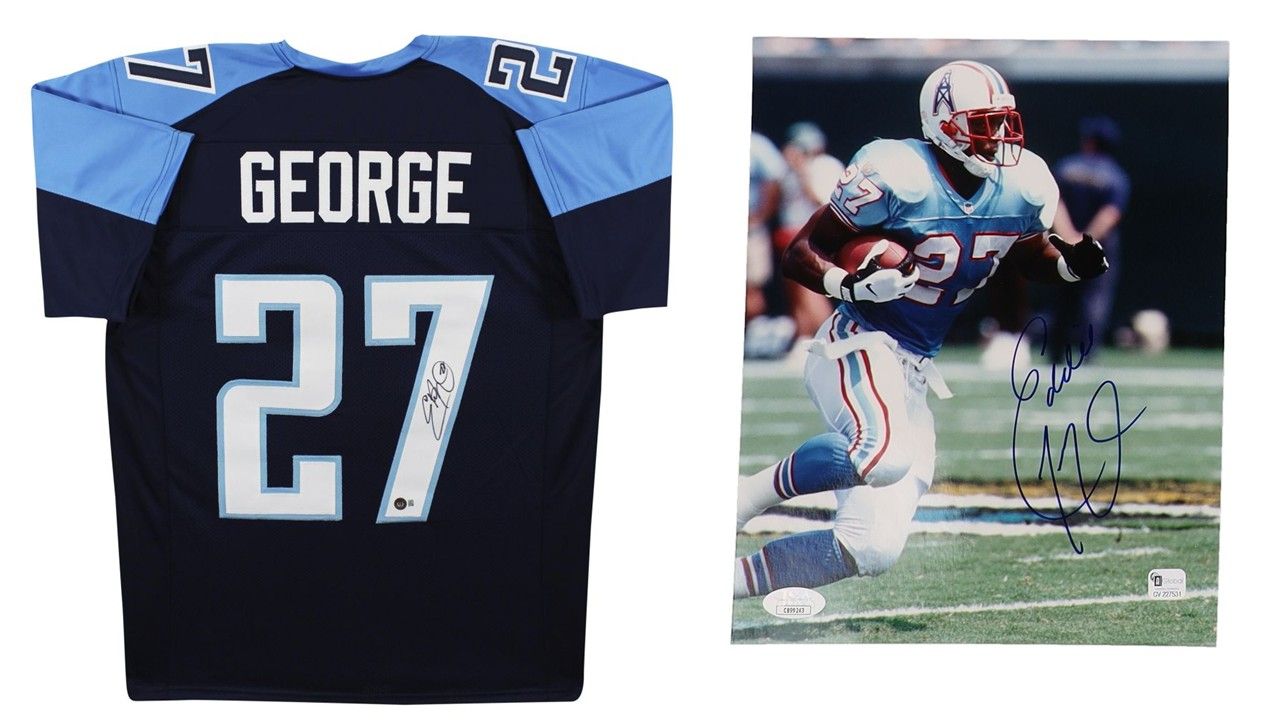 Eddie George Signed Tennessee Titans Jersey (Beckett) & Eddie George Signed Houston Oilers 8x10 Photo (JSA)