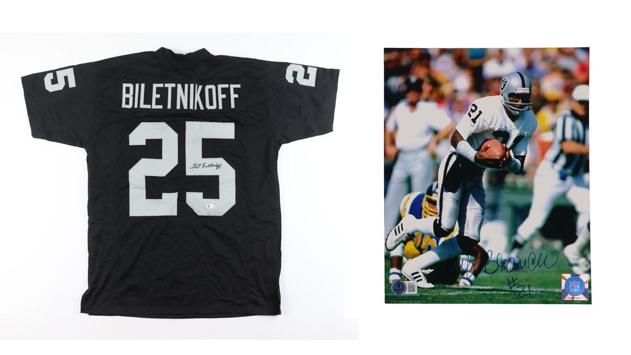 Fred Biletnikoff Signed Oakland Raiders Jersey (Beckett) & Cliff Branch Signed Oakland Raiders 8x10 Photo (Beckett)
