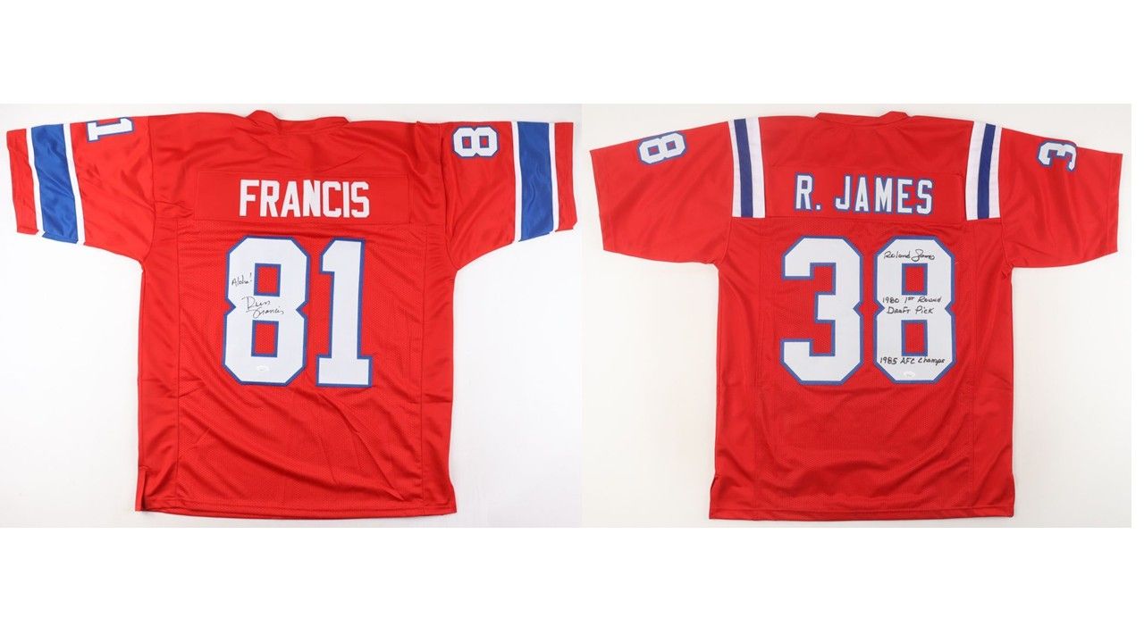 Russ Francis Signed New England Patriots Jersey Inscribed "Aloha!" (JSA) & Roland James Signed New England Patriots Jersey Inscribed "1980 1st Round Draft Pick" & "1985 AFC Champs" (JSA)