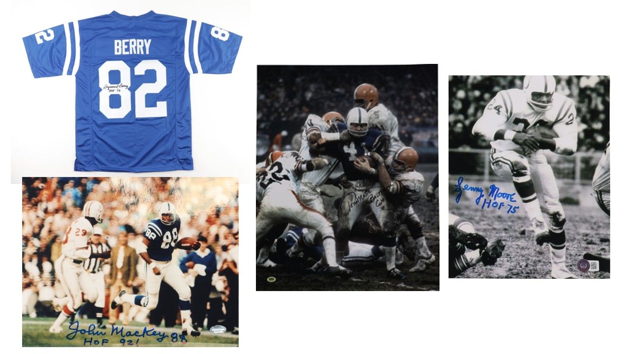 Raymond Berry Signed Baltimore Jersey "HOF 73" (JSA), John Mackey Signed Colts 8x10 Photo "HOF 92!" (Schw), Lenny Moore Signed Colts 8x10 Photo "HOF 75" (Beck) & Tom Matte Signed Colts 16x20 Photo