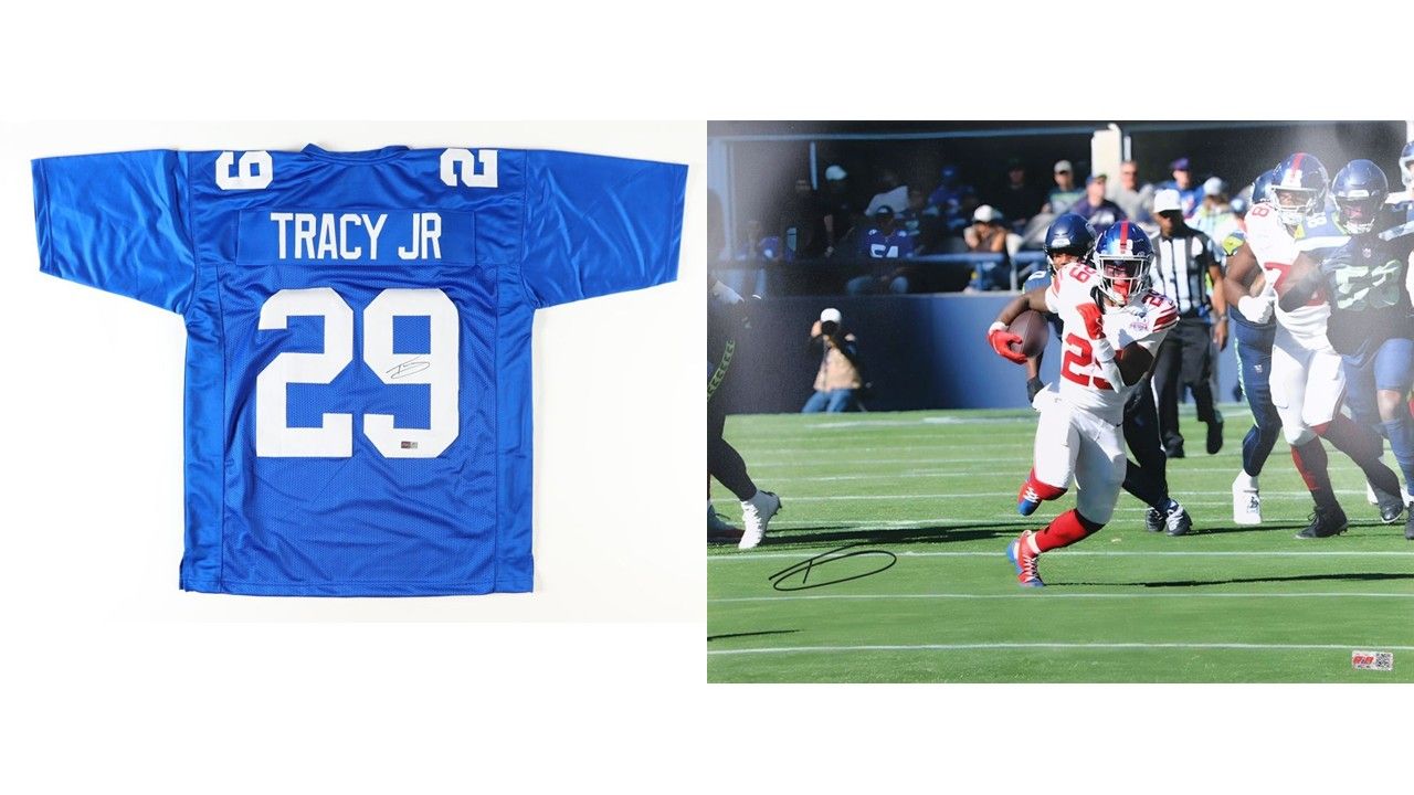 Tyrone Tracy Jr. Signed New York Giants Jersey (PIA) & Tyrone Tracy Jr. Signed New York Giants 16x20 Photo (PIA)
