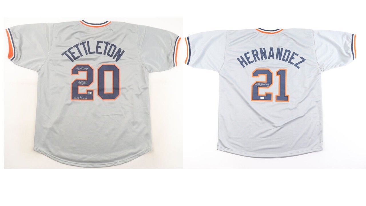 Willie Hernandez Signed Detroit Tigers Jersey (JSA) & Mickey Tettleton Signed Detroit Tigers Jersey Inscribed "Froot Loops" & "2x AS / 3x SS" (Beckett)