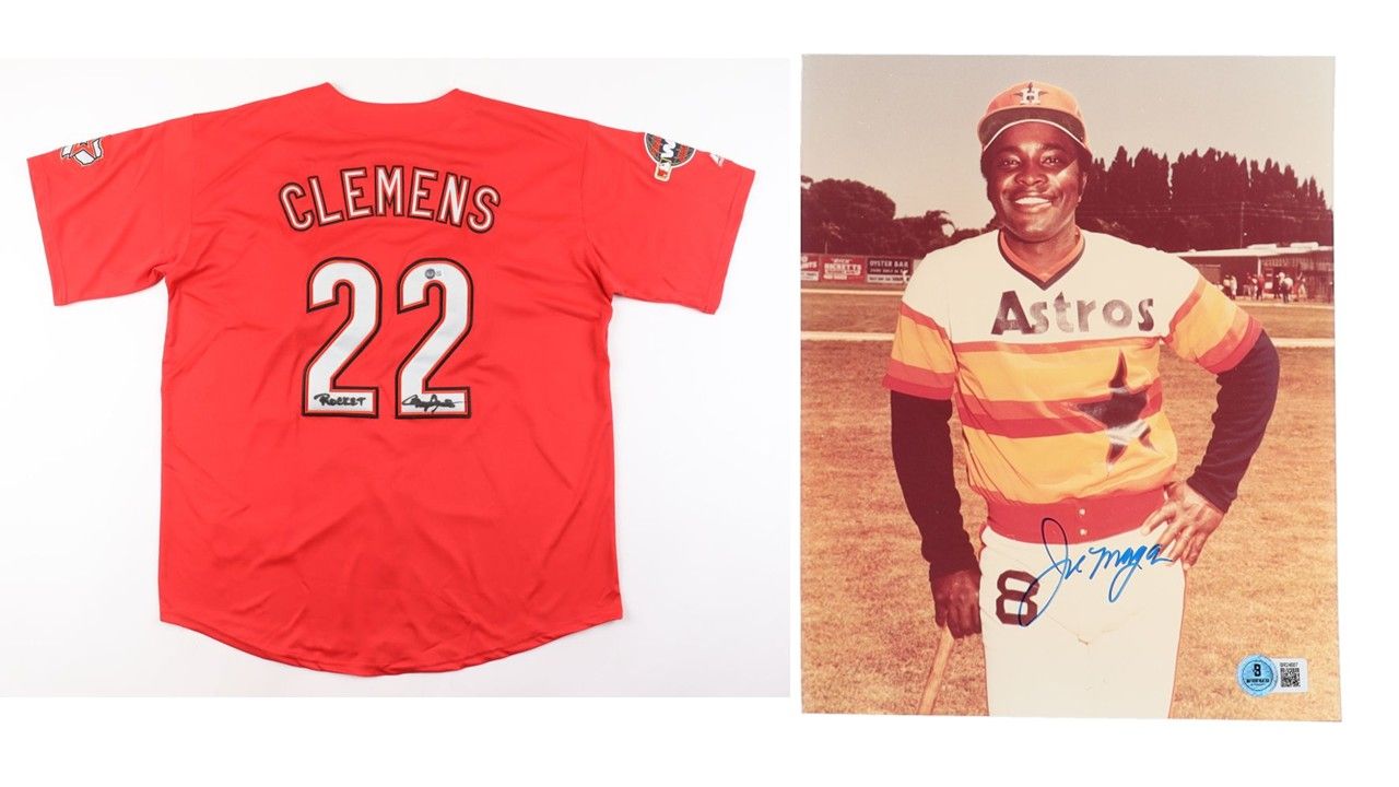 Roger Clemens Signed Houston Astros Jersey Inscribed "Rocket" (Beckett) & Joe Morgan Signed Houston Astros 8x10 Photo (Beckett)