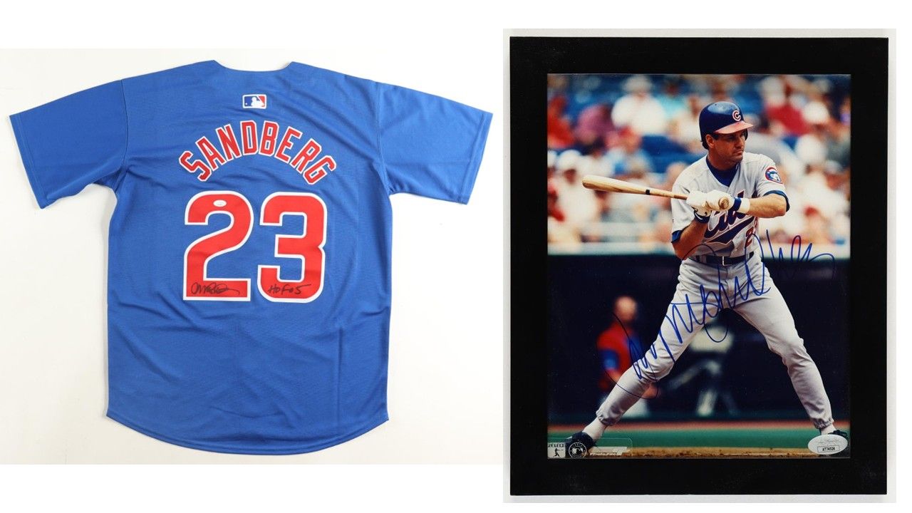 Ryne Sandberg Signed Chicago Cubs Jersey Inscribed "HOF 05" (JSA) & Ryne Sandberg Signed Chicago Cubs Custom Framed 8x10 Photo Display (JSA)