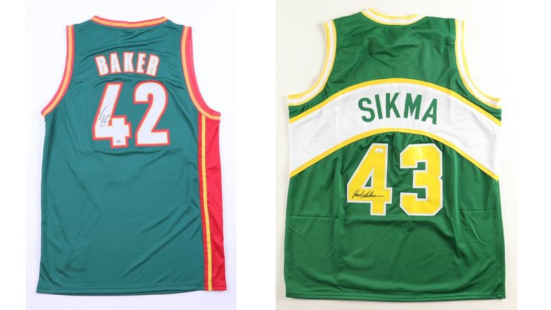 Vin Baker Signed Seattle Supersonics Jersey (PSA) Mitchell & Ness & Jack Sikma Signed Seattle Supersonics Jersey (JSA)
