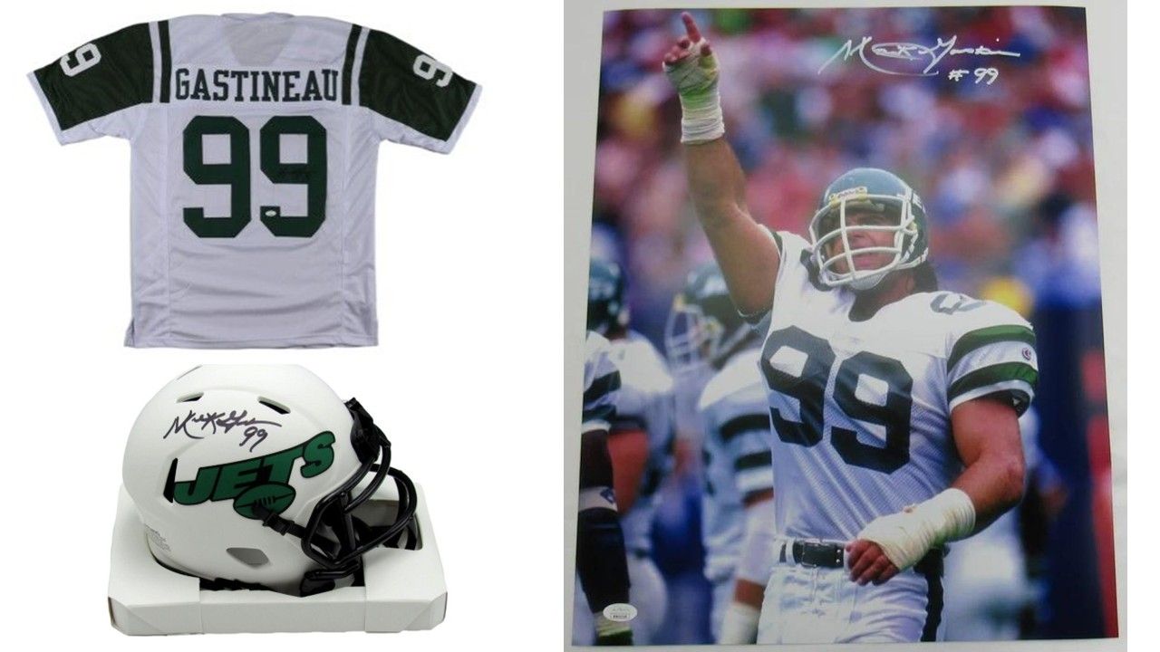 Mark Gastineau Signed New York Jets Jersey (JSA), Mark Gastineau Signed New York Jets Lunar Eclipse Alternate Speed Mini Helmet (JSA), & Mark Gastineau Signed New York Jets 16x20 Photo (JSA)