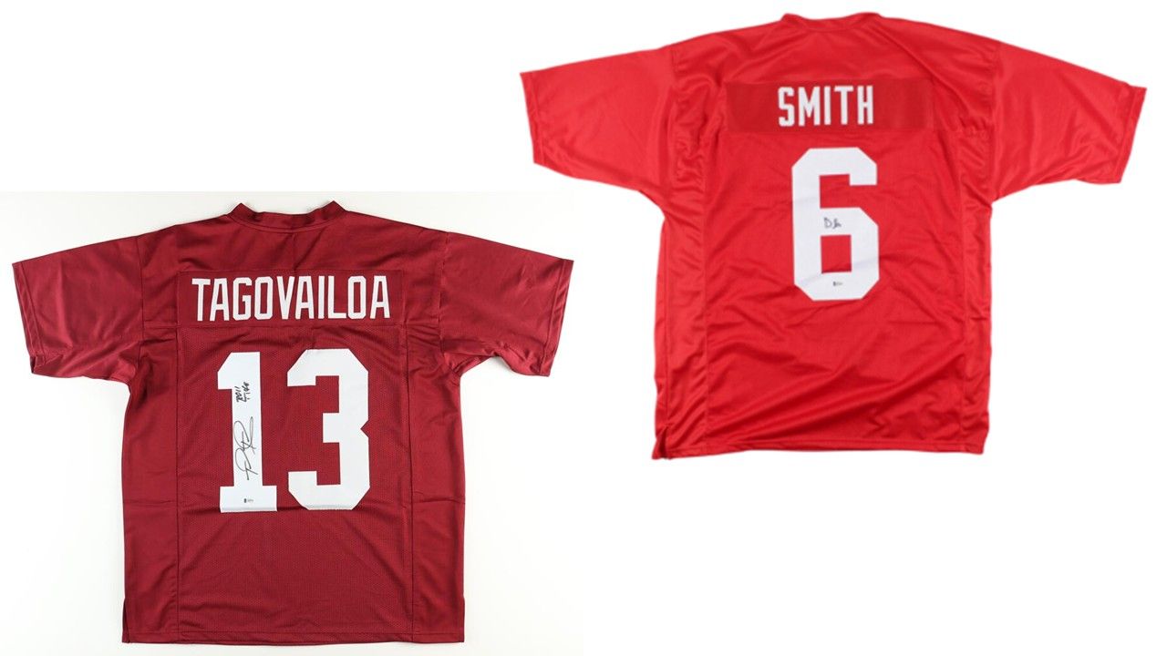 DeVonta Smith Signed Alabama Crimson Tide Jersey (Beckett) and Tua Tagovailoa Signed Alabama Crimson Tide Jersey Inscribed "Roll Tide" (Beckett)