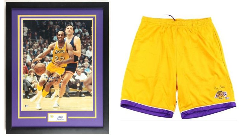 Jerry West Signed Los Angeles Lakers Shorts (Beckett) & Elgin Baylor Signed Los Angeles Lakers Custom Framed Photo Inscribed "H.O.F. 77" (Beckett)