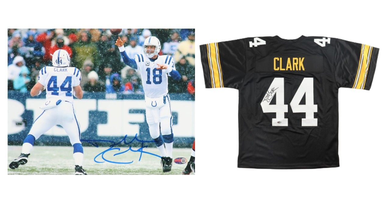 Dallas Clark Signed Indianapolis Colts 11x14 Photo (PIA) & Dallas Clark Signed Iowa Hawkeyes Jersey (PIA)
