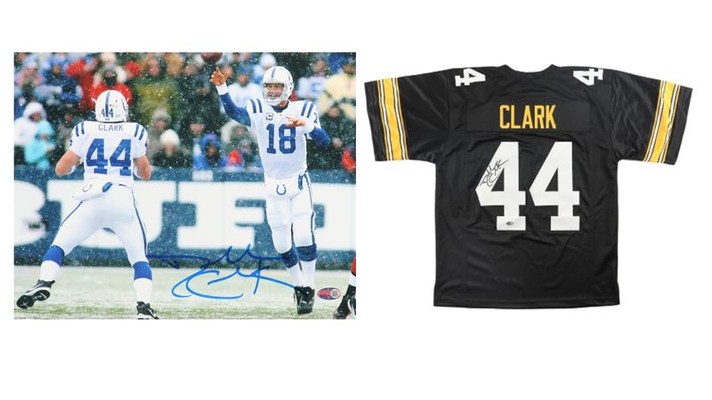 Dallas Clark Signed Indianapolis Colts 11x14 Photo (PIA) & Dallas Clark Signed Iowa Hawkeyes Jersey (PIA)