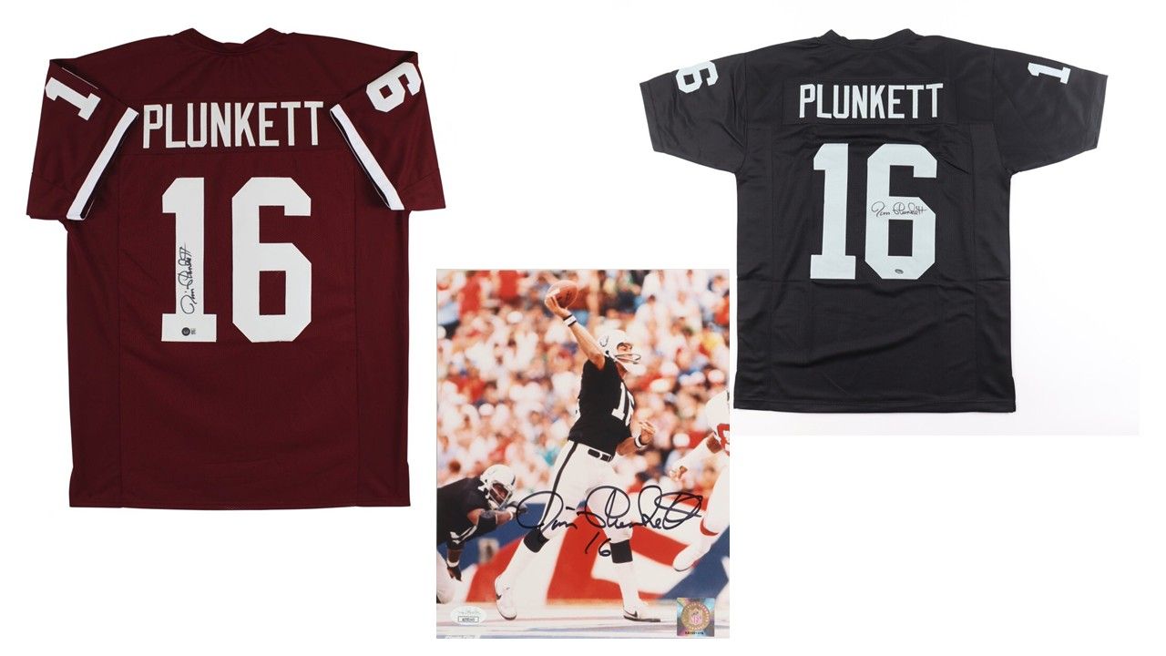 Jim Plunkett Signed Oakland Raider Jersey (Schwartz), Jim Plunkett Signed Stanford Cardinal Jersey (Beckett), & Jim Plunkett Signed Oakland Raiders 8x10 Photo (JSA)