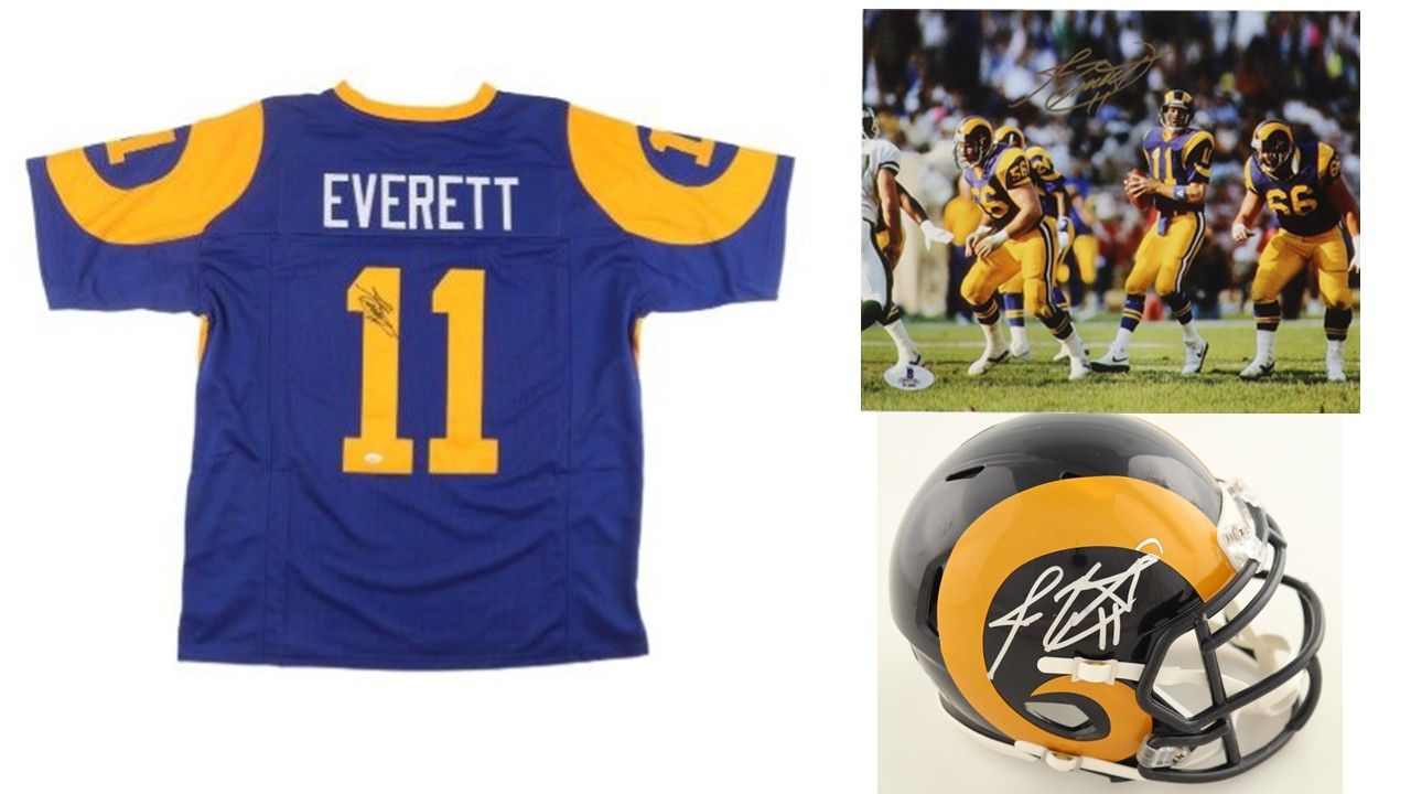 Jim Everett Signed Los Angeles Rams Jersey (JSA), Jim Everett Signed Los Angeles Rams 8x10 Photo (Beckett), & Jim Everett Signed Rams Throwback Mini Helmet (JSA)