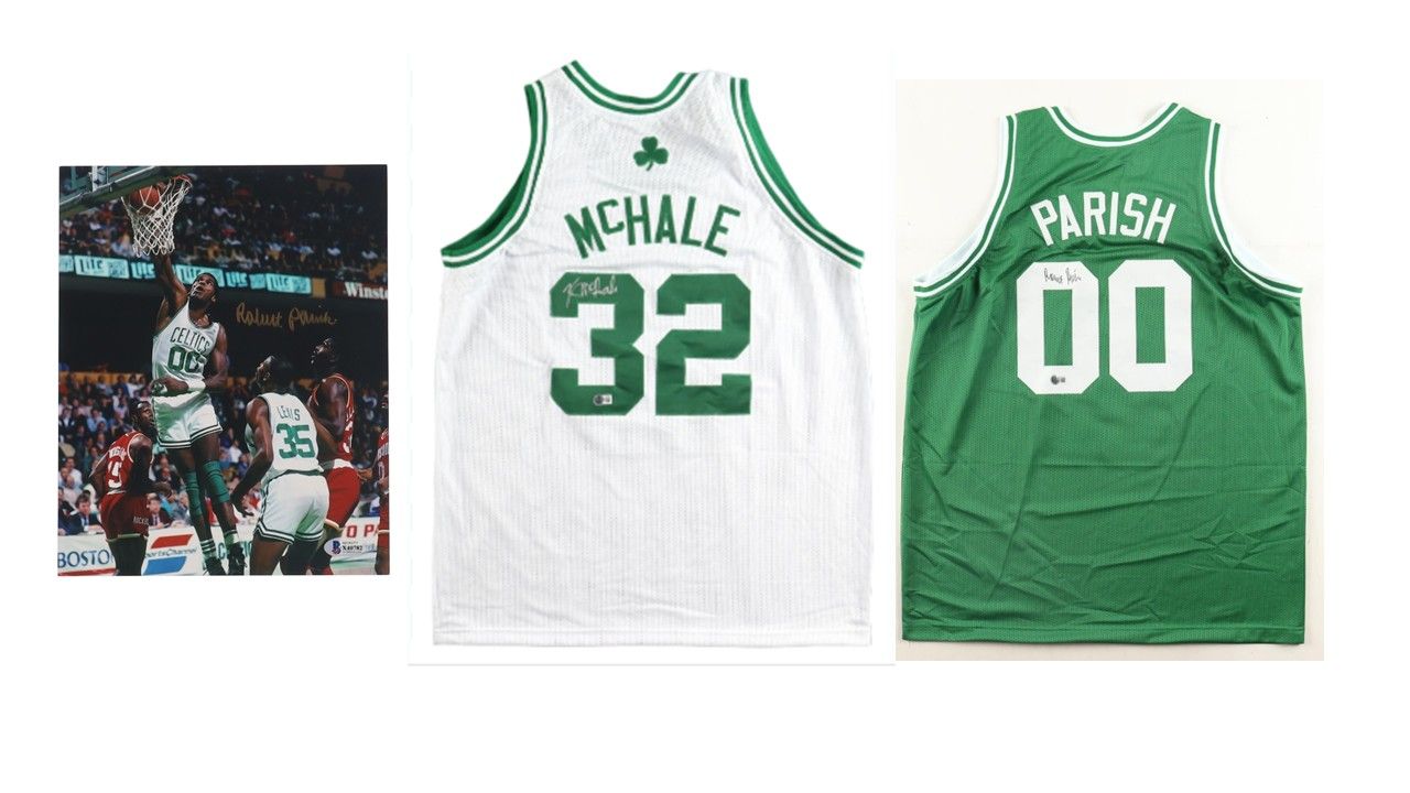 Kevin McHale Signed Boston Celtics Jersey (Beckett), Robert Parish Signed Boston Celtics Jersey (Beckett), & Robert Parish Signed Boston Celtics 8x10 Photo (Beckett)