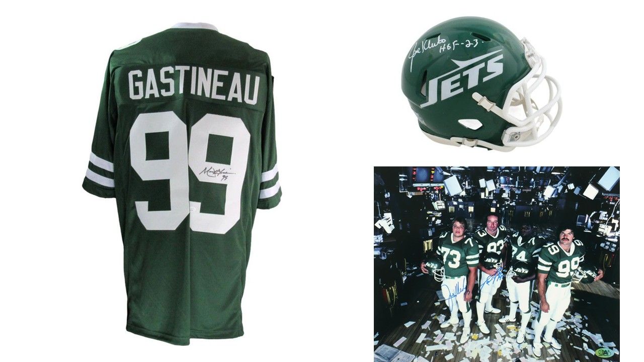 Mark Gastineau Signed New York Jets Jersey (JSA) & Joe Klecko Signed New York Jets Speed Mini Helmet Inscribed "HOF 23" (JSA), & Joe Klecko & Marty Lyons Signed Jets 16x20 Photo (MAB)