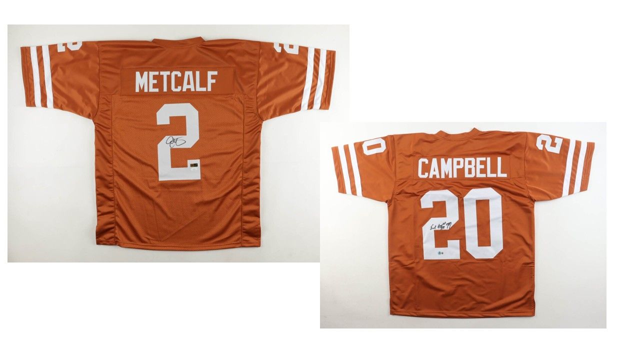 Earl Campbell Signed Texas Longhorns Jersey Inscribed "HT 77" (Beckett) & Eric Metcalf Signed Texas Longhorns Jersey (JSA)