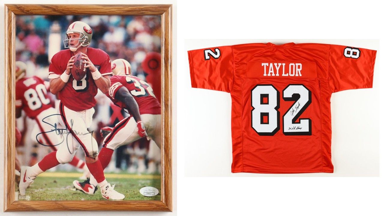 Steve Young Signed 49ers Custom Framed Photo Display (JSA) & John Taylor Signed San Francisco 49ers Jersey Inscribed "3x S.B. Champs!" (JSA)