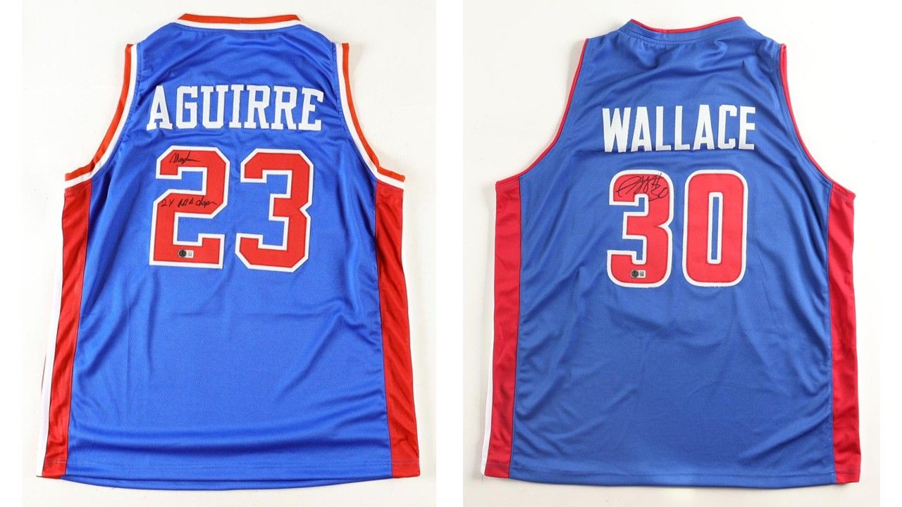 Mark Aguirre Signed Detroit Pistons Jersey Inscribed "2x NBA Champ" (Beckett) & Rasheed Wallace Signed Detroit Pistons Jersey (Beckett)