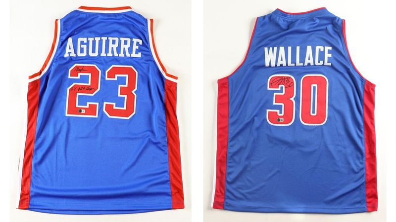 Mark Aguirre Signed Detroit Pistons Jersey Inscribed "2x NBA Champ" (Beckett) & Rasheed Wallace Signed Detroit Pistons Jersey (Beckett)