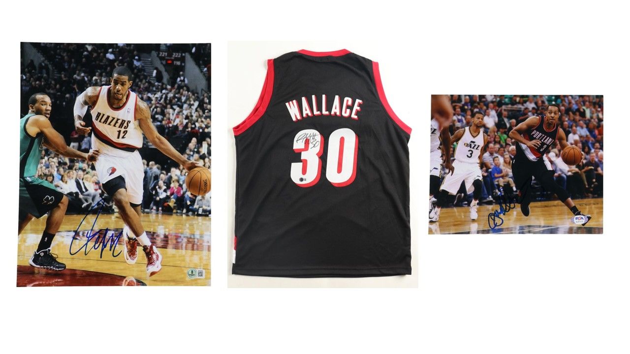 Rasheed Wallace Signed Portland Trail Blazers Jersey (Beckett)C. J. McCollum Signed Portland Trail Blazers 8x10 Photo (PSA) & LaMarcus Aldridge Signed Portland Trail Blazers 11x14 Photo (Beckett)