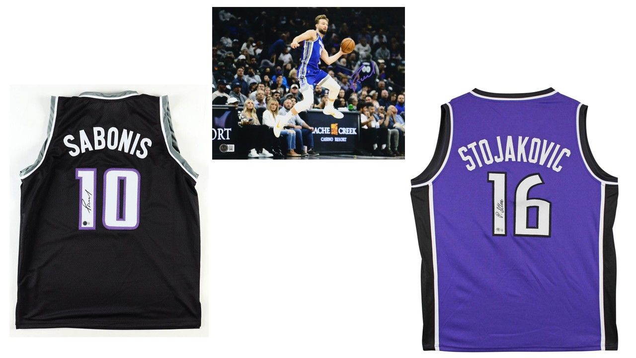 Peja Stojakovic Signed Kings Jersey (Beckett), Domantas Sabonis Signed Sacramento Kings Jersey (Beckett) & Domantas Sabonis Signed Sacramento Kings 11x14 Photo (Beckett)