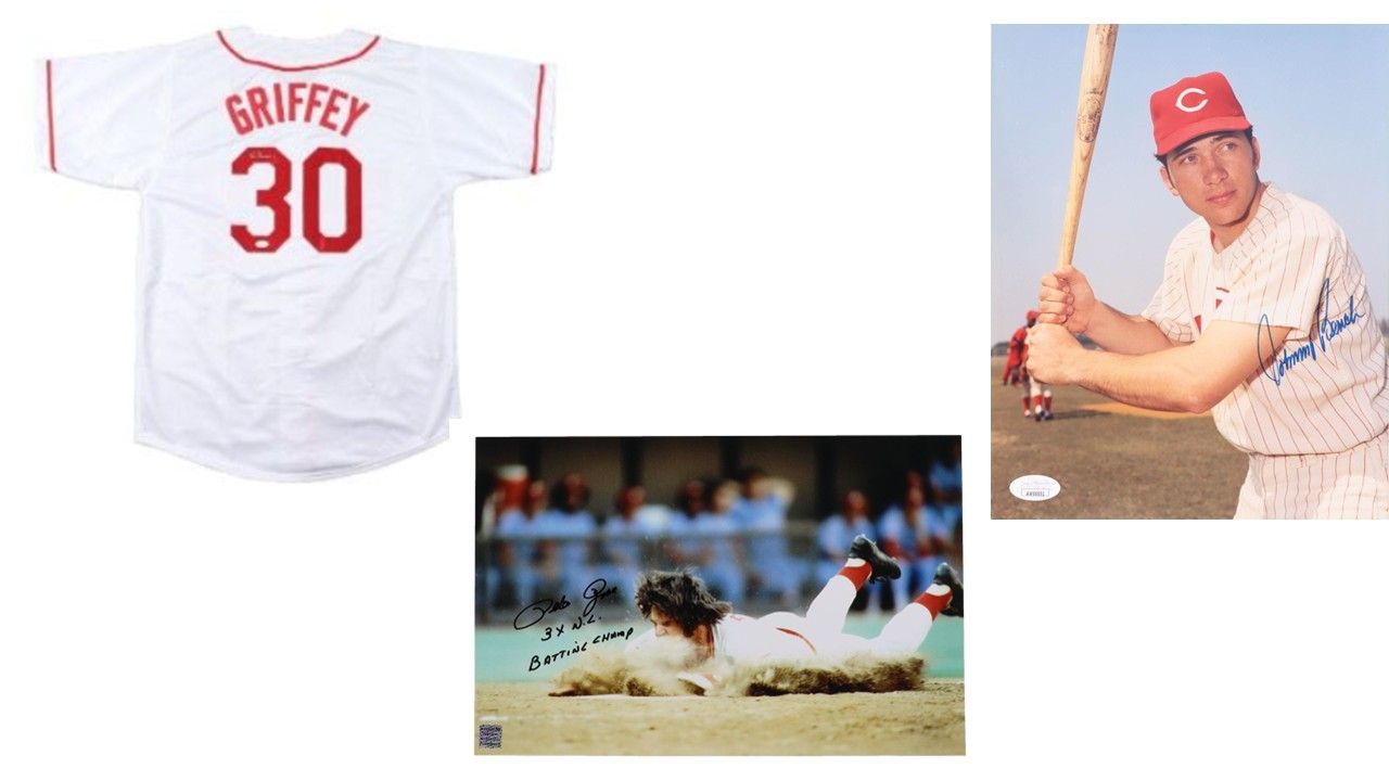 Johnny Bench Signed Reds 8x10 Photo (JSA), Pete Rose Signed "Reds" 11x17 Photo Inscribed "3x N.L. Batting Champ" (Playball Ink) & Ken Griffey Sr. Signed Cincinnati Reds Jersey (JSA)