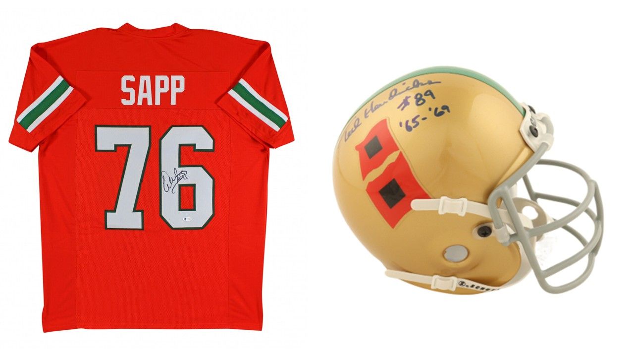 Warren Sapp Signed Miami Hurricanes Jersey (Beckett) & Ted Hendricks Signed Miami Hurricanes Mini Helmet Inscribed "'65-'69" (PSA)
