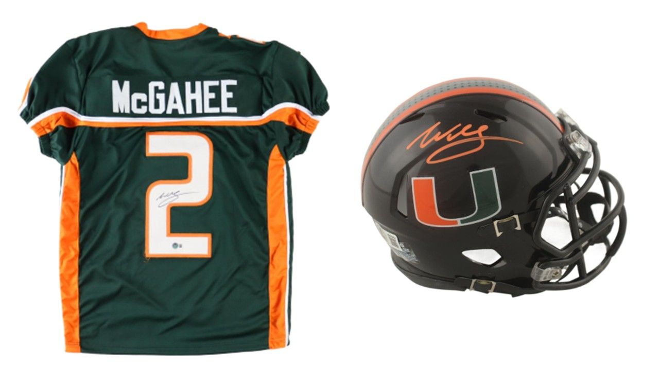 Willis McGahee Signed Miami Hurricanes Jersey (Beckett) & Willis McGahee Signed Miami Hurricanes Speed Mini Helmet (Beckett)