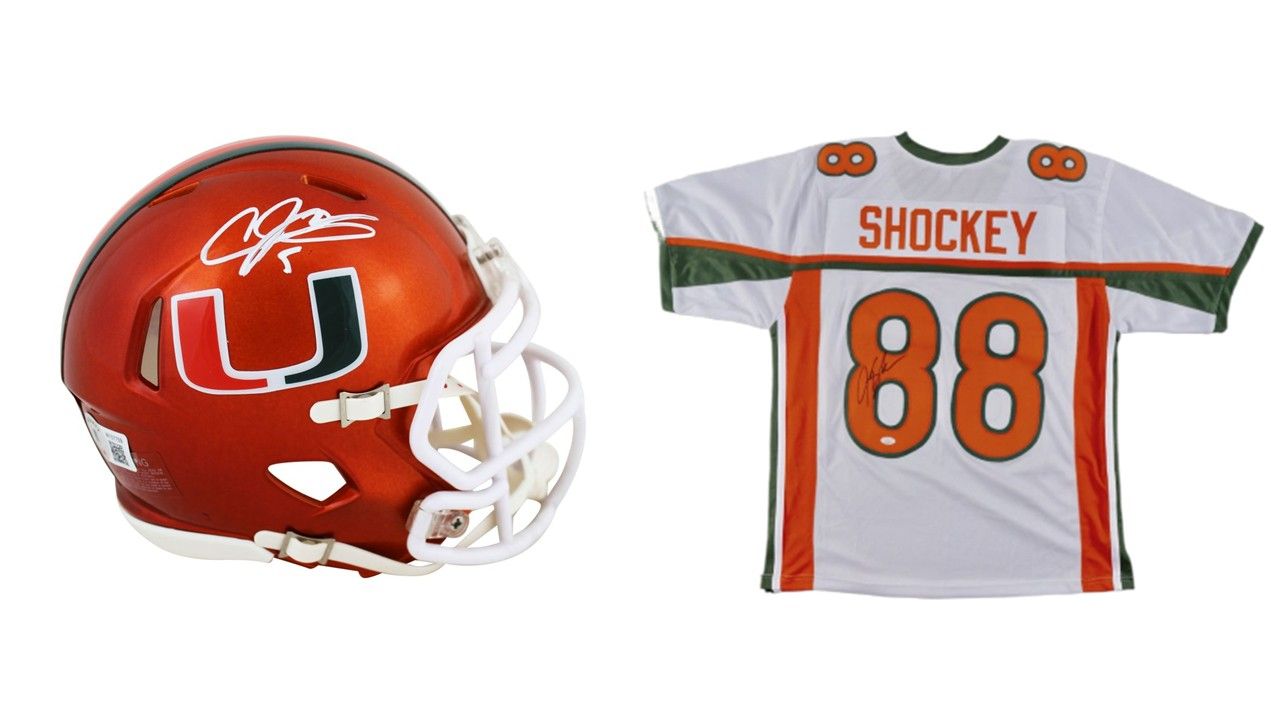 Andre Johnson Signed Miami Hurricanes Flash Alternate Speed Mini Helmet (Beckett) Jeremy Shockey Signed Miami Hurricanes Jersey (JSA)