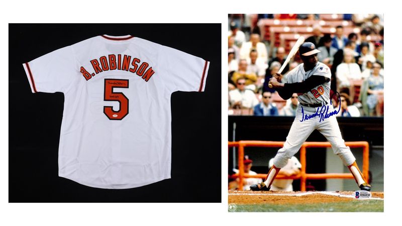 Brooks Robinson Signed Baltimore Orioles Jersey Inscribed Brooks Robinson Signed Baltimore Orioles Jersey Inscribed "HOF 83" (JSA) and Frank Robinson Signed Baltimore Orioles 8x10 Photo (Beckett)