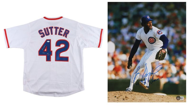 Bruce Sutter Signed Chicago Cubs Jersey Inscribed Bruce Sutter Signed Chicago Cubs Jersey Inscribed "HOF 2006" (JSA) & Lee Smith Signed Chicago Cubs 11x14 Photo Inscribed "428 Saves" (Beckett)