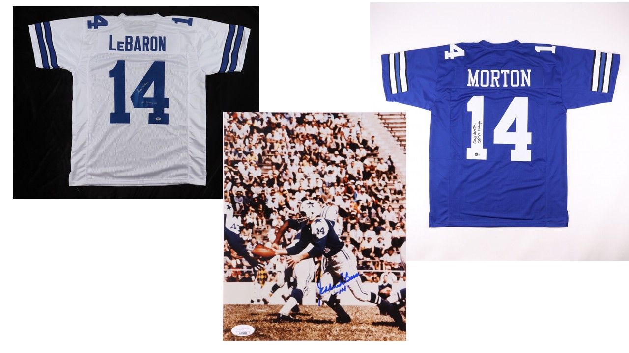 Eddie LeBaron Signed Dallas Cowboys Jersey Inscribed "1st Cowboys QB" (PSA), Eddie LeBaron Signed 8x10 Photo (JSA), & Craig Morton Signed Dallas Cowboys Jersey Inscribed "SB VI Champs" (Beckett)