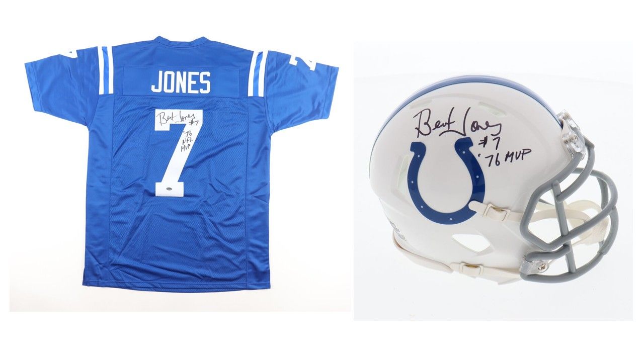Bert Jones Signed Colts Jersey Inscribed "76 NFL MVP" (Schwartz), & Bert Jones Signed Baltimore Speed Mini Helmet Inscribed "'76 MVP" (Schwartz)