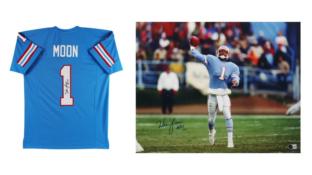 Warren Moon Signed Houston Oilers Jersey Inscribed "HOF 06" (JSA) & Warren Moon Signed Houston Oilers 16x20 Inscribed "HOF 06" (Beckett)