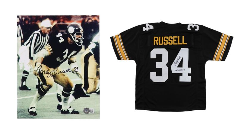 Andy Russell Signed Pittsburgh Steelers Jersey Inscribed Andy Russell Signed Pittsburgh Steelers Jersey Inscribed "2x S.B. Champs" (JSA) & Andy Russell Signed Pittsburgh Steelers 8x10 Photo (Beckett)
