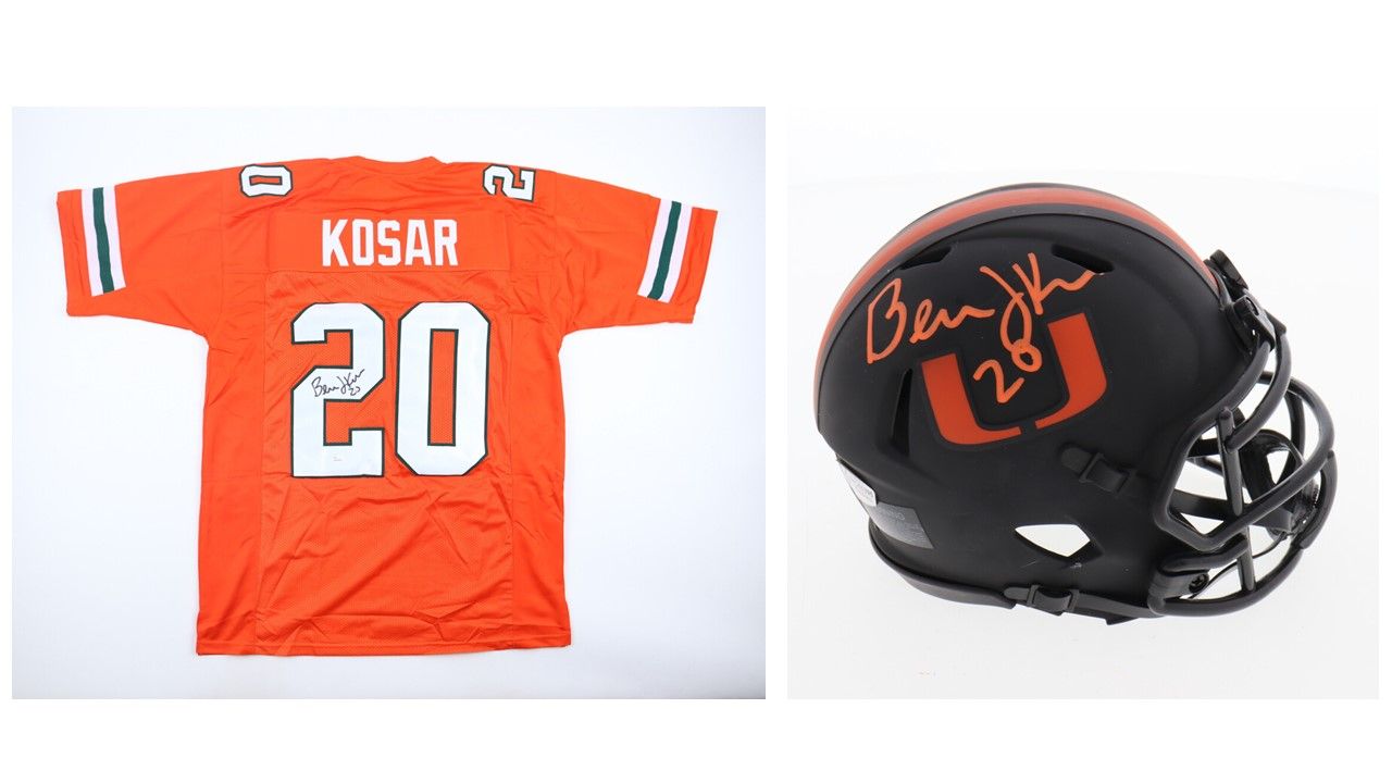 Bernie Kosar Signed Miami Hurricanes Jersey (JSA) and Bernie Kosar Signed Miami Hurricanes Eclipse Alternate Speed Mini Helmet (Beckett)
