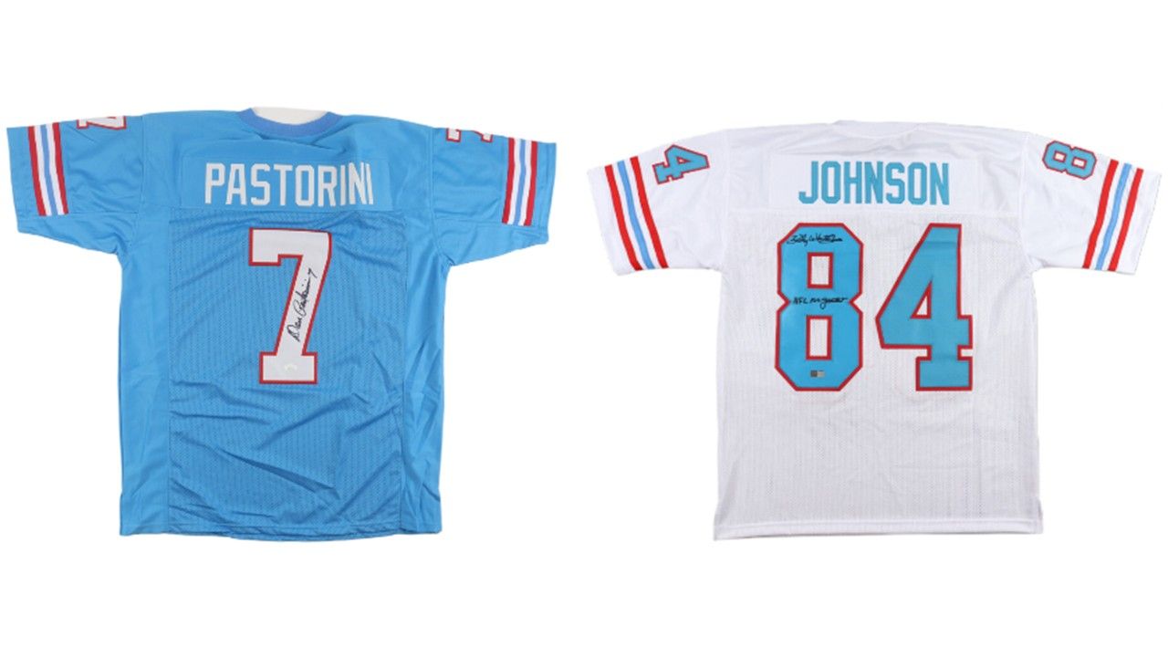 Dan Pastorini Signed Houston Oilers Jersey (JSA) & Billy "White Shoes" Johnson Signed Houston Oilers Jersey Inscribed "NFL 100 Greatest" (TriStar)