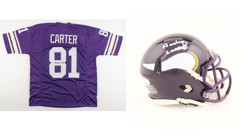 Anthony Carter Signed Vikings Speed Mini Helmet (JSA) and Anthony Carter Signed Jersey (JSA) Anthony Carter Signed Vikings Speed Mini Helmet (JSA) and Anthony Carter Signed Jersey (JSA)