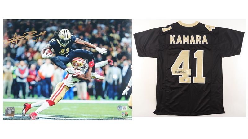 Alvin Kamara Signed New Orleans Saints Jersey (Beckett) & Alvin Kamara Signed New Orleans Saints 11x14 Photo (Beckett) Alvin Kamara Signed New Orleans Saints Jersey (Beckett) & Alvin Kamara Signed New Orleans Saints 11x14 Photo (Beckett)