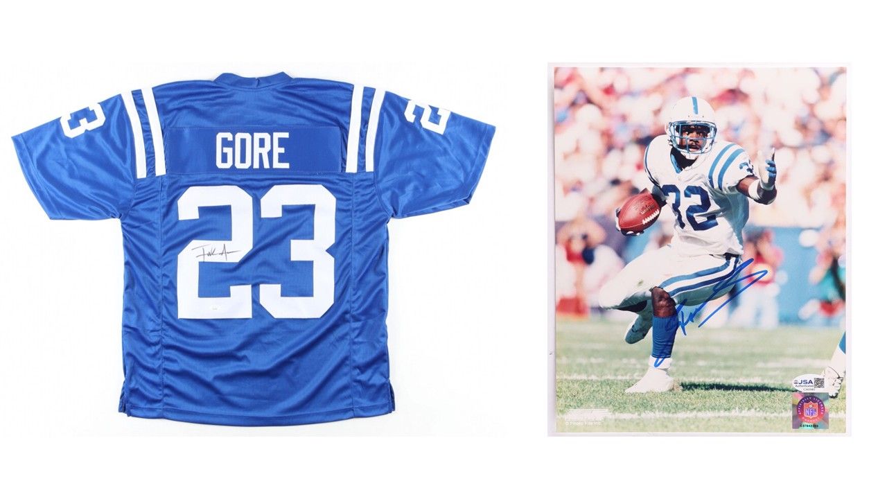 Frank Gore Signed Indianapolis Colts Jersey (JSA) & Edgerrin James Signed Indianapolis Colts 8x10 Photo (JSA)