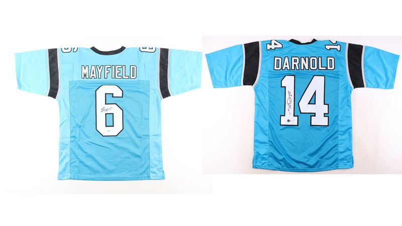 Baker Mayfield Signed Carolina Panthers Jersey (Beckett) & Sam Darnold Signed Carolina Panthers Jersey (Beckett) Baker Mayfield Signed Carolina Panthers Jersey (Beckett) & Sam Darnold Signed Carolina Panthers Jersey (Beckett)