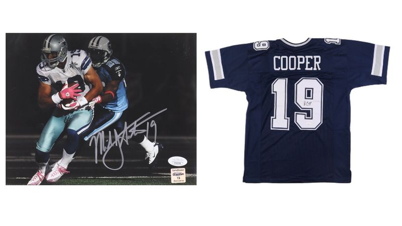 Amari Cooper Signed Dallas Cowboys Jersey (JSA) & Miles Austin Signed Dallas Cowboys Cowboys 8x10 Photo (JSA) Amari Cooper Signed Dallas Cowboys Jersey (JSA) & Miles Austin Signed Dallas Cowboys Cowboys 8x10 Photo (JSA)